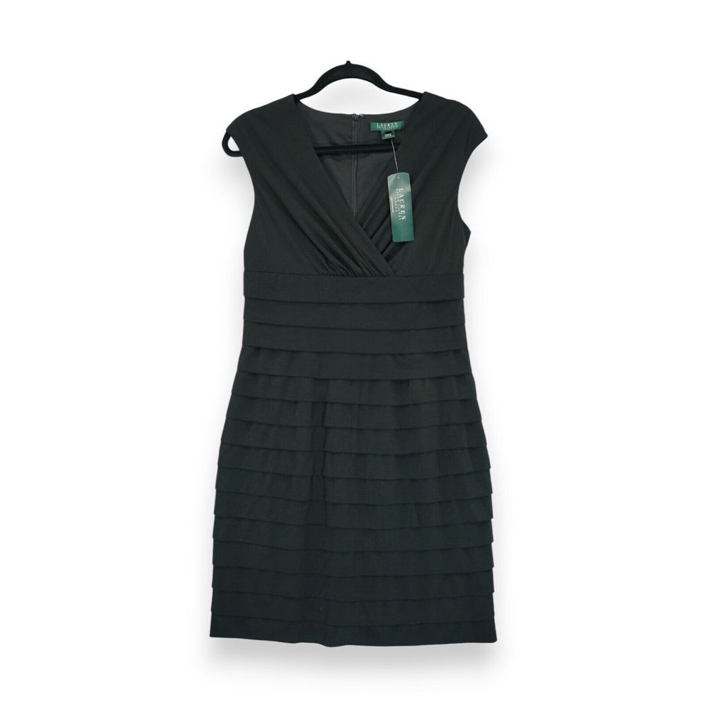 NWT Lauren Ralph Lauren Dress Black Women Size 8 Cap Sleeve Ruffle Knee Length